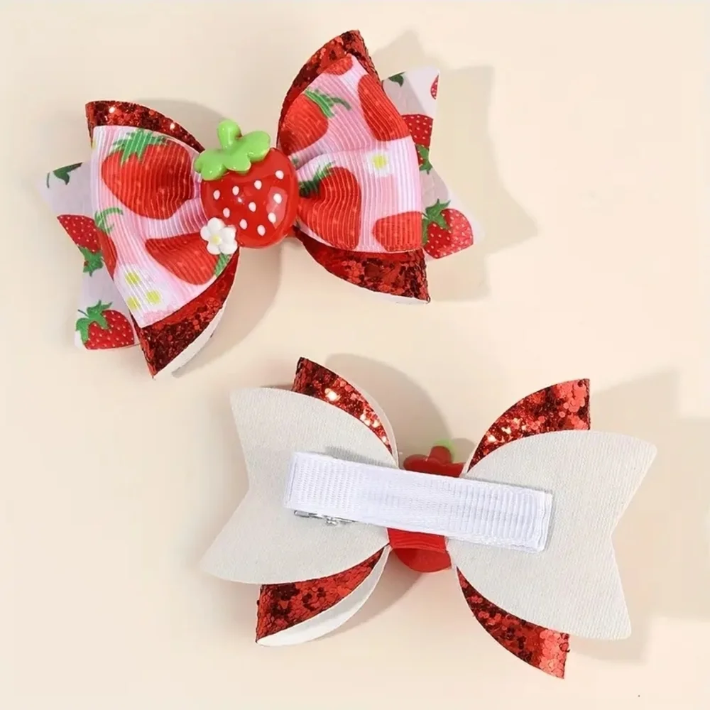 Girl’s Strawberry Hair Bow Clip Cute Red Glitter Fruit Accessory‎ 2 Piece